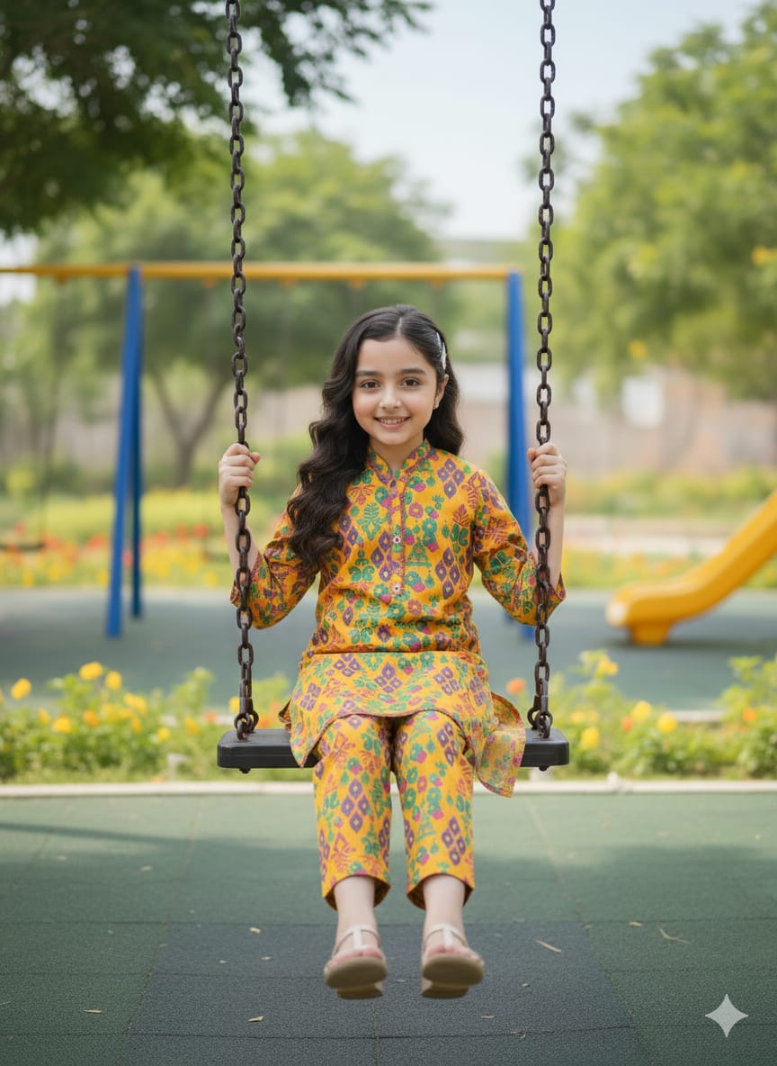 Vibrant Playwear: Girls' Printed Cotton Kurta & Trouser Set - Image 3