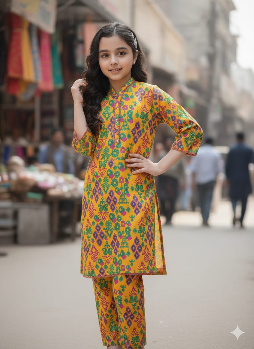 Vibrant Playwear: Girls' Printed Cotton Kurta & Trouser Set - Image 4
