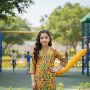 Vibrant Playwear: Girls' Printed Cotton Kurta & Trouser Set