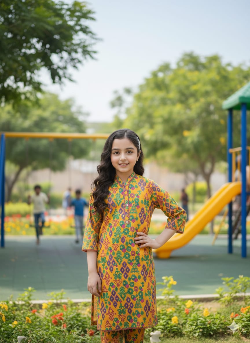 Vibrant Playwear: Girls' Printed Cotton Kurta & Trouser Set