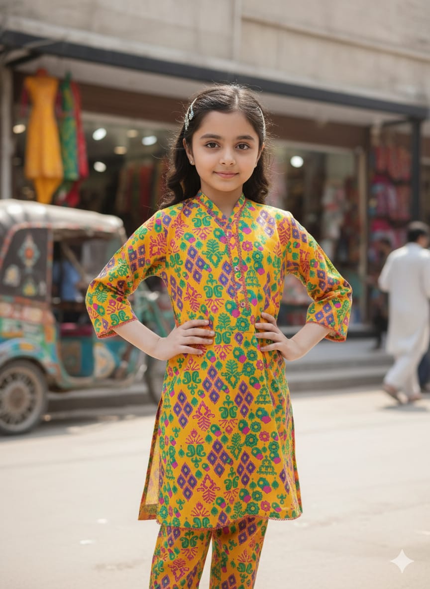 Vibrant Playwear: Girls' Printed Cotton Kurta & Trouser Set - Image 6
