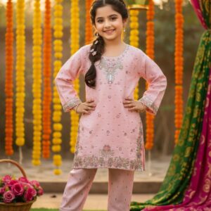 Pink embroidered kids festive wear suit for girls