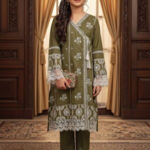 Elegant Olive Green Embroidered
