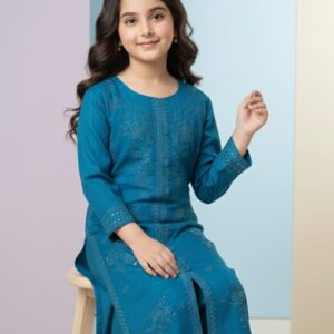 Elegant Teal Cotton Shirt with Full Front Embroidery – 2pcs