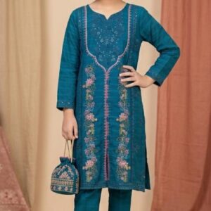 Girls Teal Embroidered 2-Piece Kurta Trouser Set